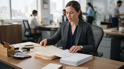 Professional Businesswoman Organizing Paperwork At Her Office Desk