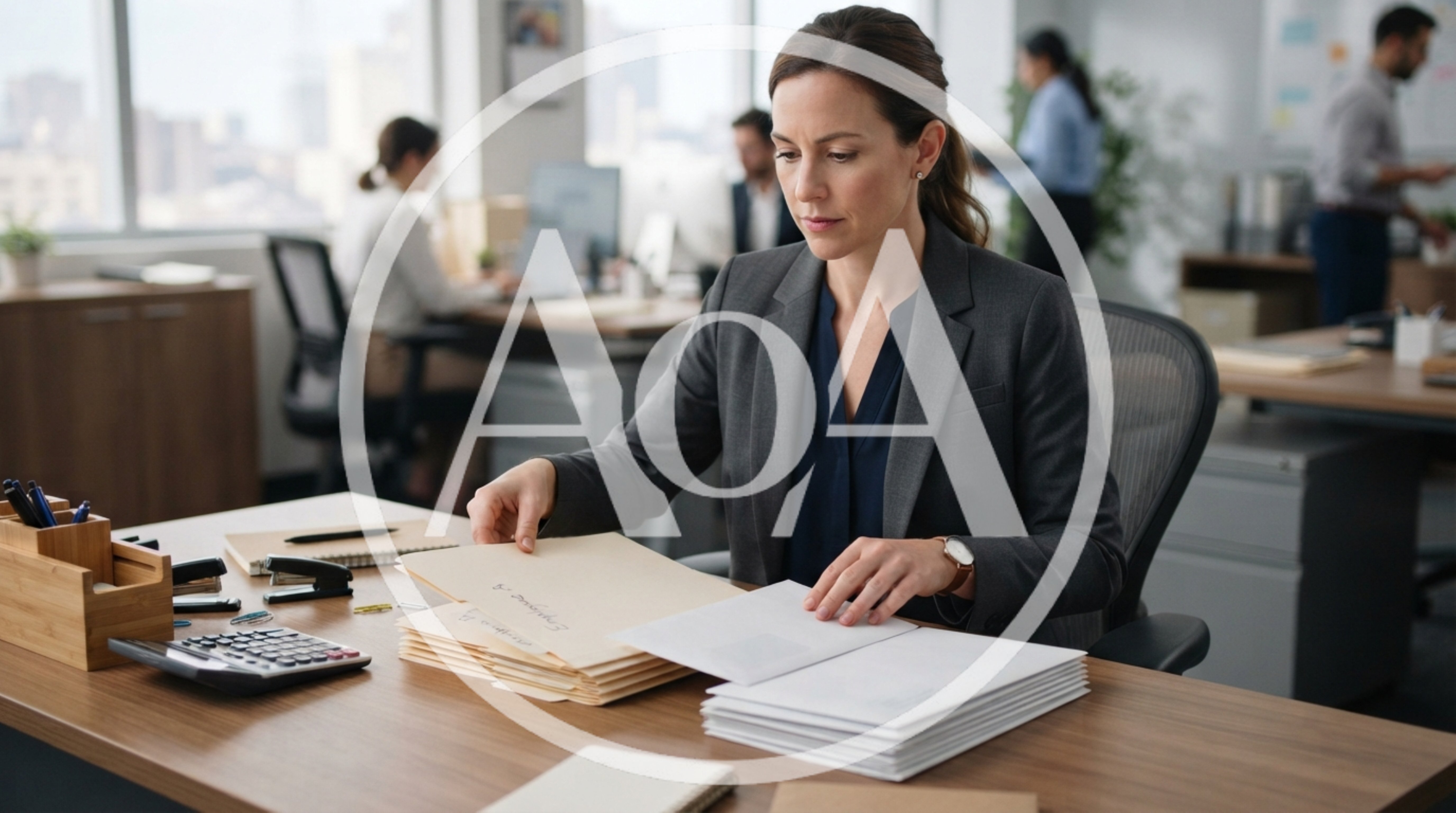 Professional Businesswoman Organizing Paperwork At Her Office Desk
