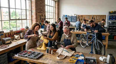Diverse Group Working Together in a Community Repair Workshop