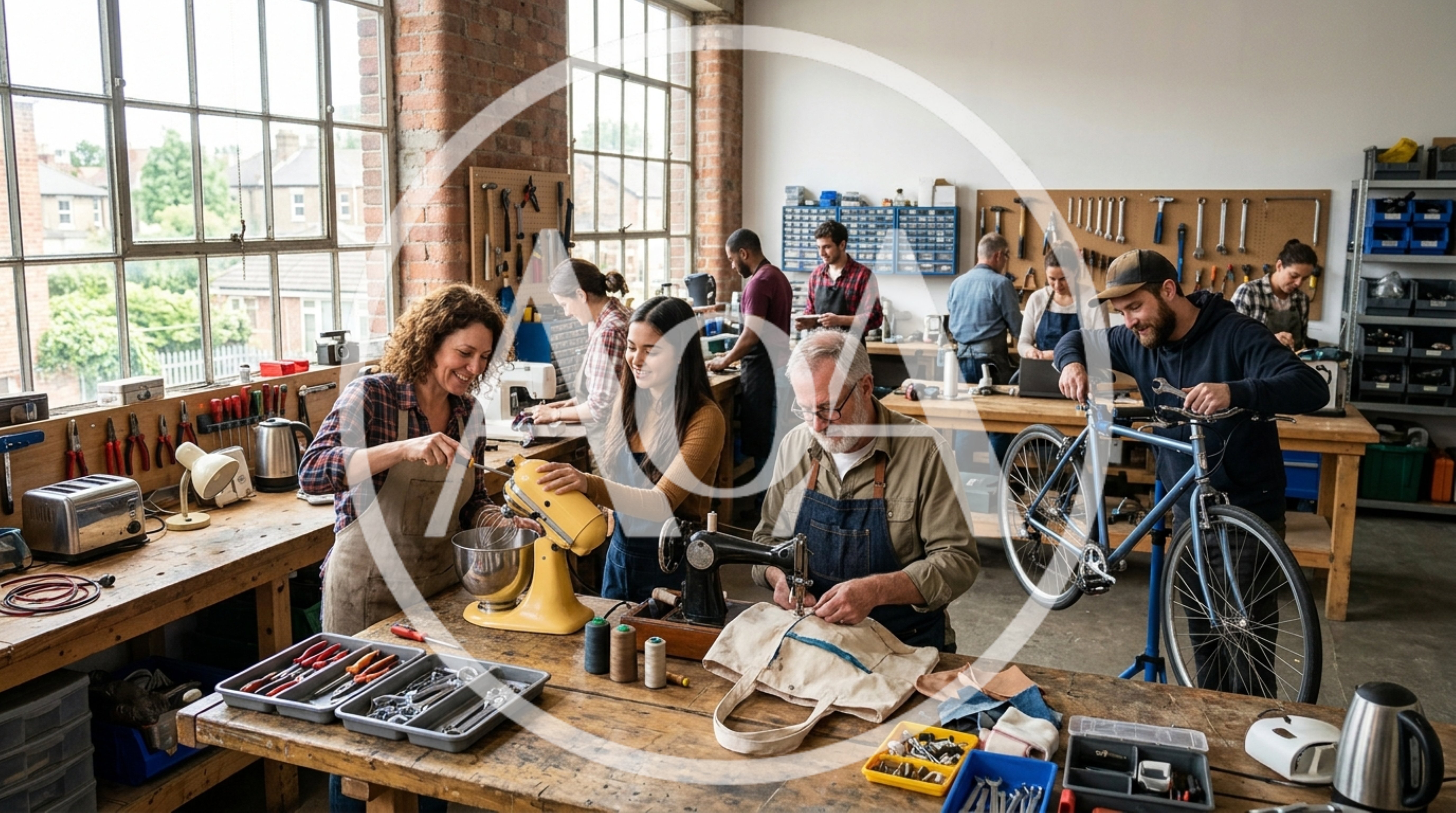 Diverse Group Working Together in a Community Repair Workshop