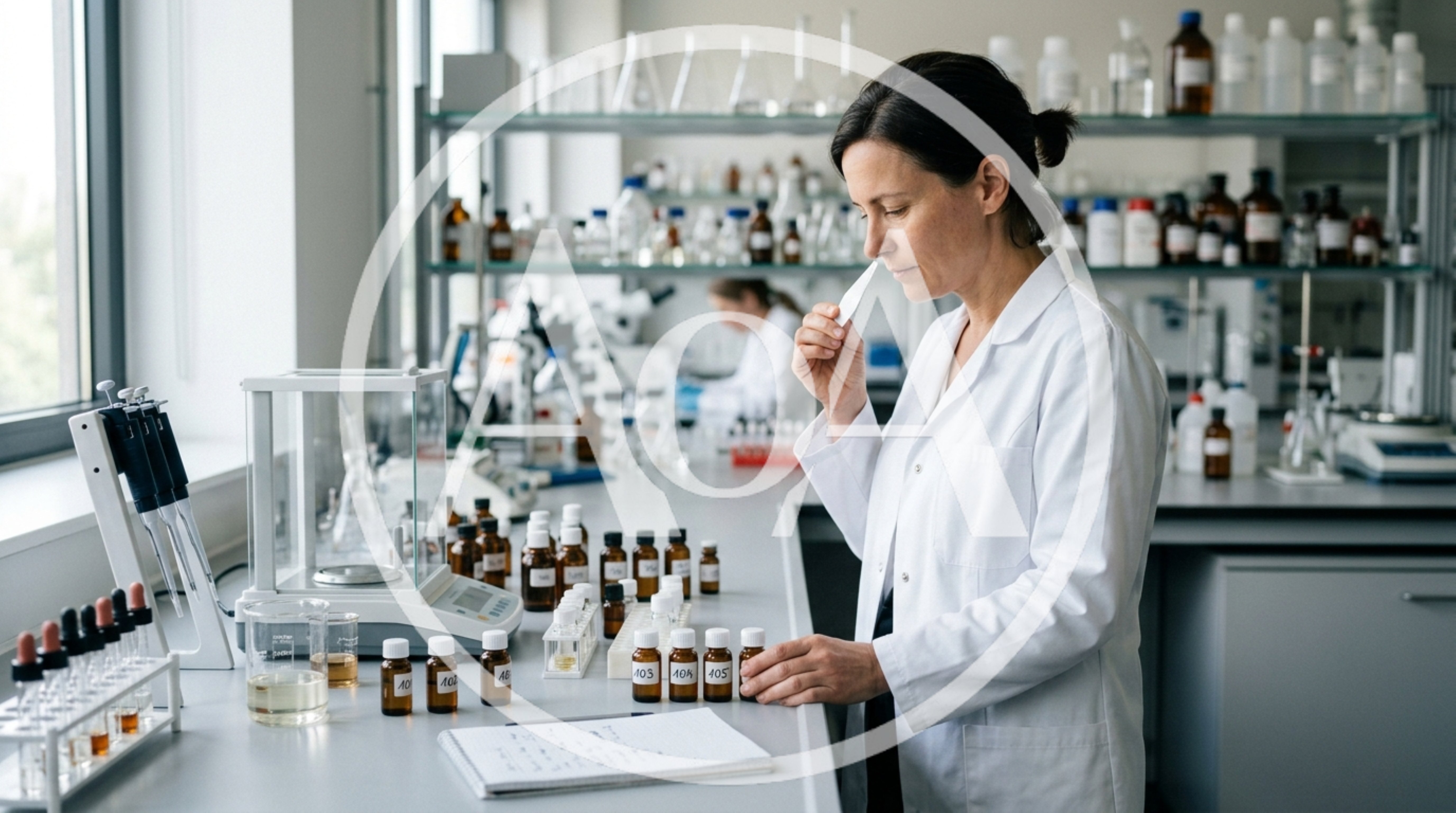 Female Perfumer Smelling Fragrance Samples In Laboratory