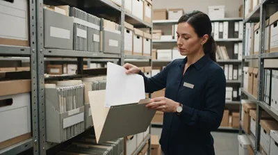 Professional Archivist Organizing Documents In A Storage Facility