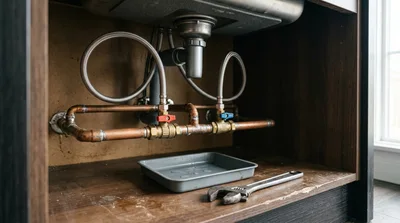 Under Sink Plumbing Repair With Copper Pipes And Wrench
