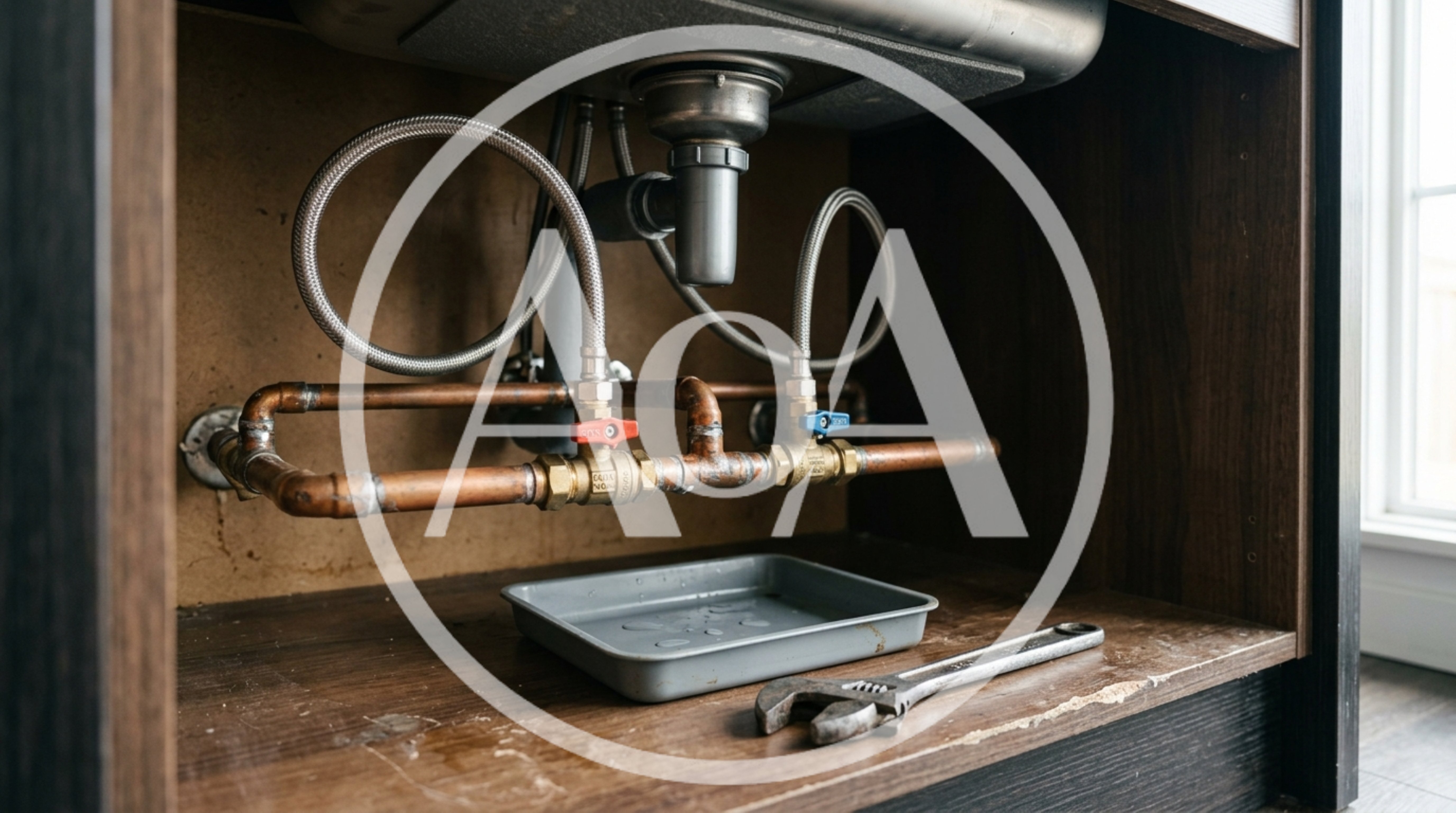 Under Sink Plumbing Repair With Copper Pipes And Wrench