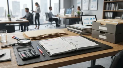 Office Desk With Planner Calculator And Documents