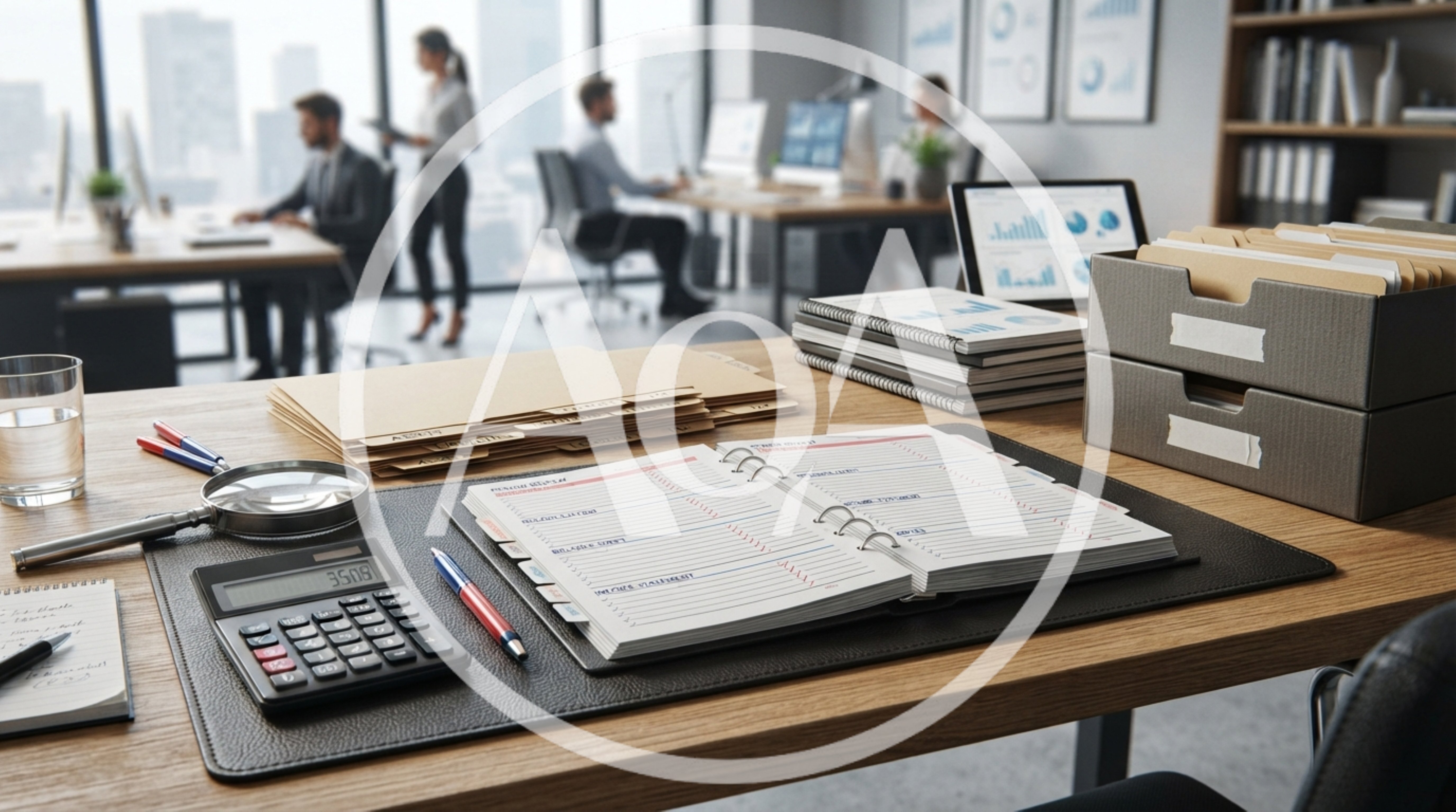 Office Desk With Planner Calculator And Documents