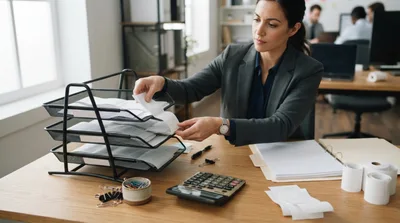 Professional Accountant Organizing Financial Receipts In Office