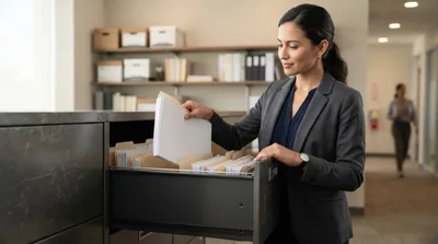 Professional Woman Organizing Files In Office Cabinet