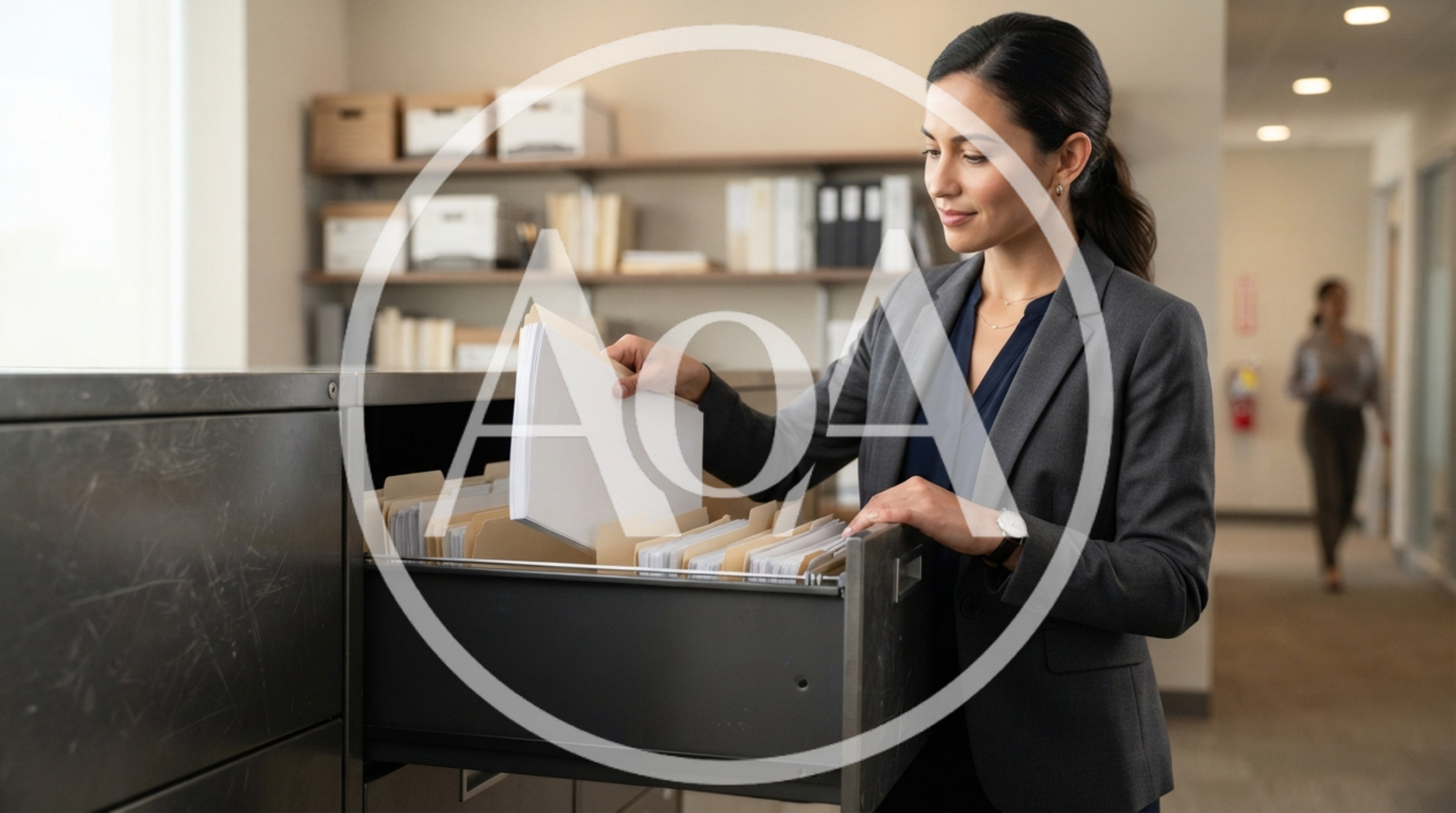 Professional Woman Organizing Files In Office Cabinet