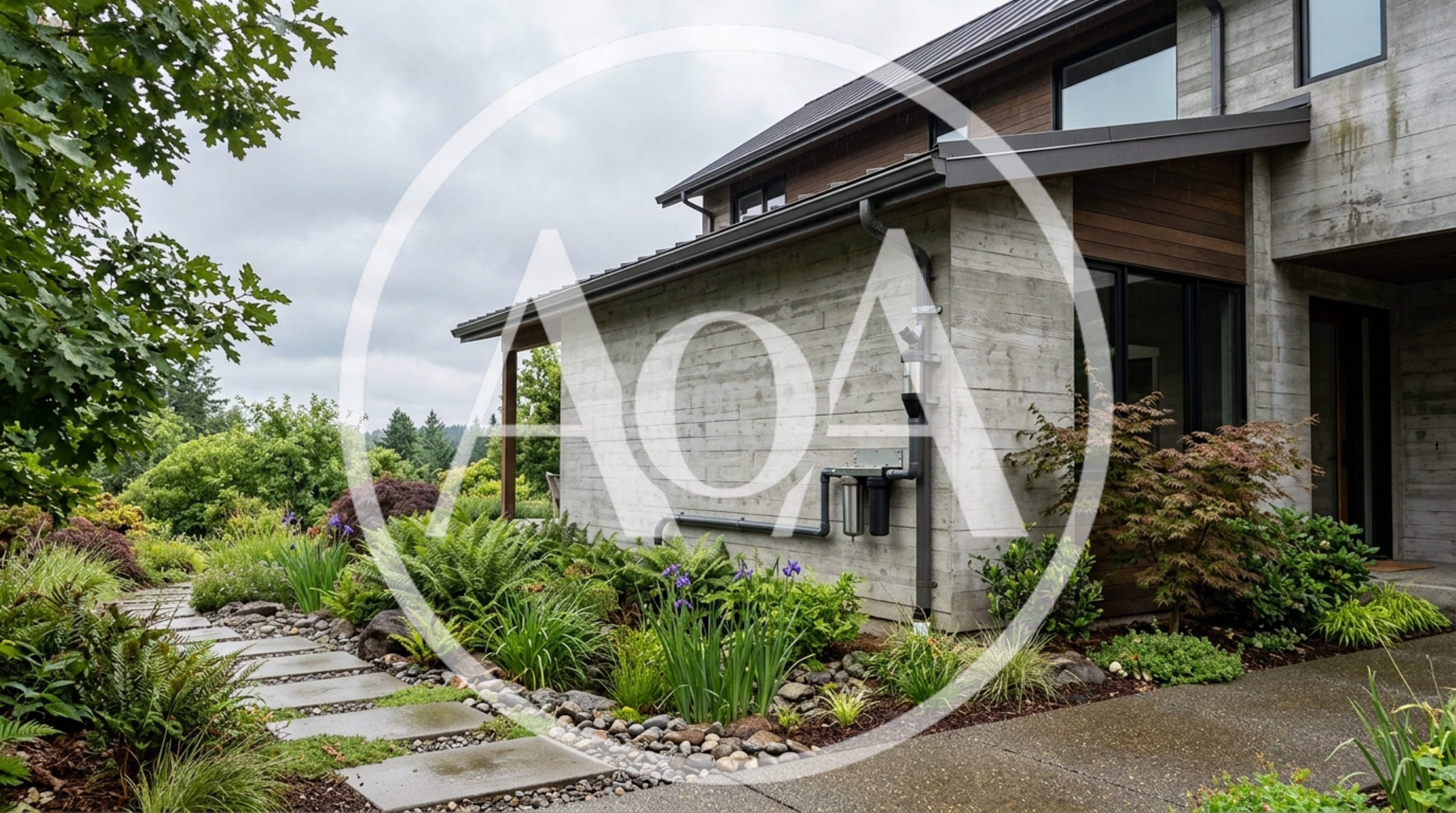 Modern Concrete House Exterior With Lush Garden Landscaping
