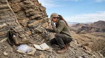 Geologist Examining Rock Formation In Desert Landscape