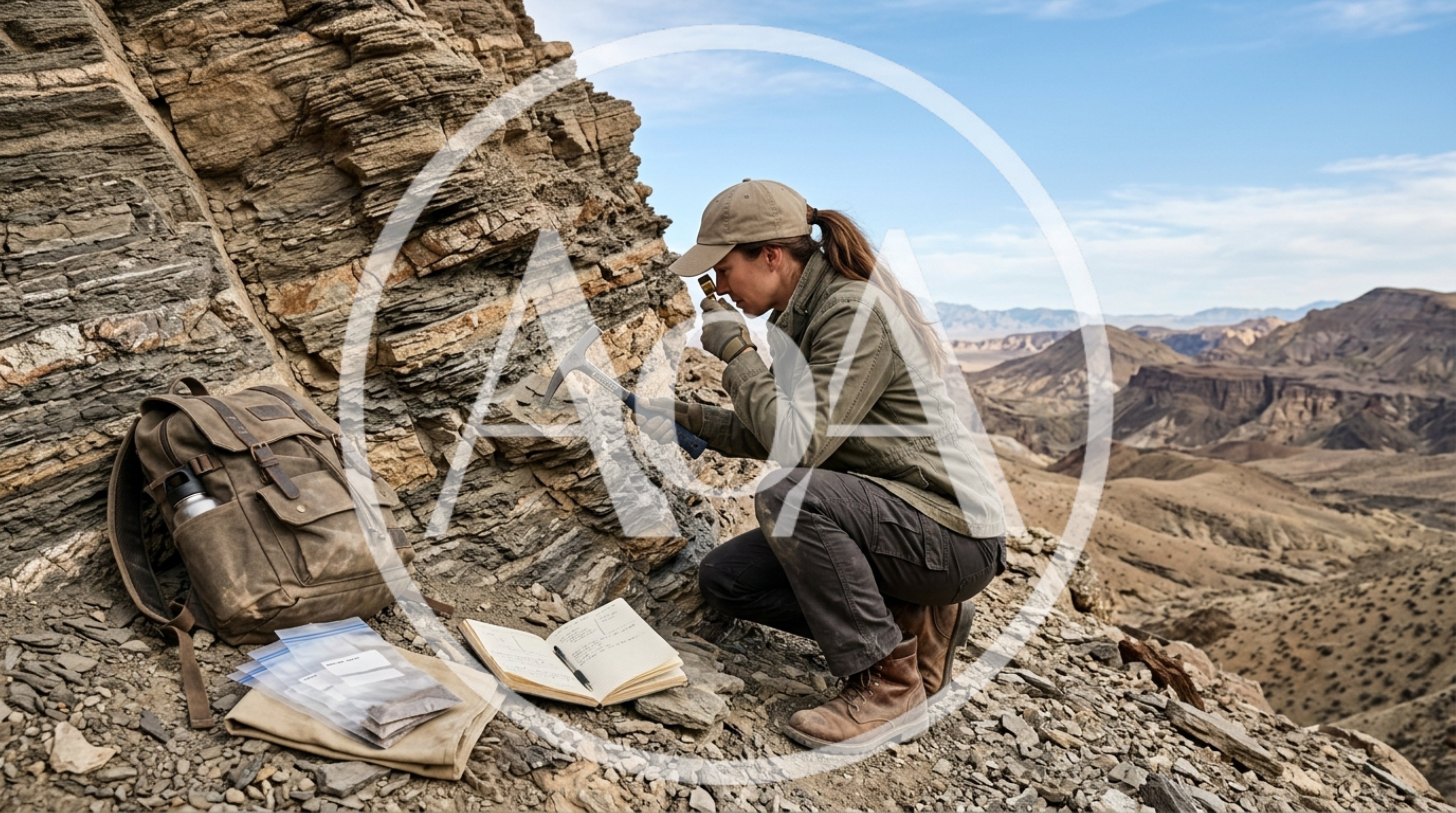 Geologist Examining Rock Formation In Desert Landscape