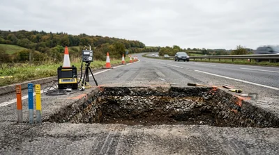 Road Maintenance Crew Inspecting A Large Pothole