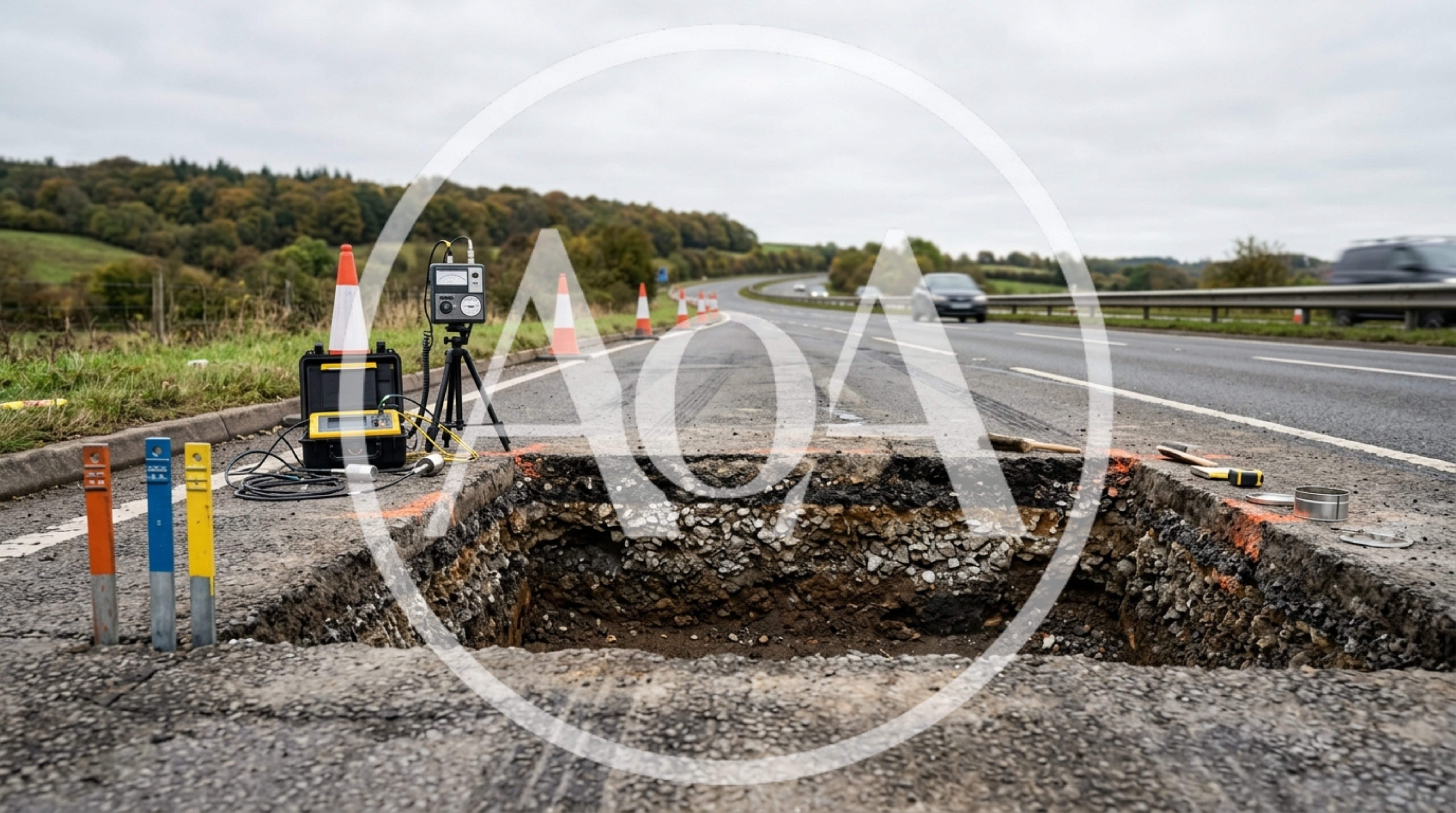 Road Maintenance Crew Inspecting A Large Pothole