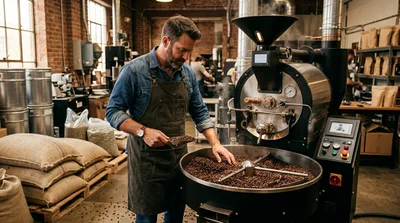 Artisan Coffee Roaster Checking Freshly Roasted Beans