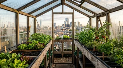Urban Rooftop Greenhouse With City Skyline View
