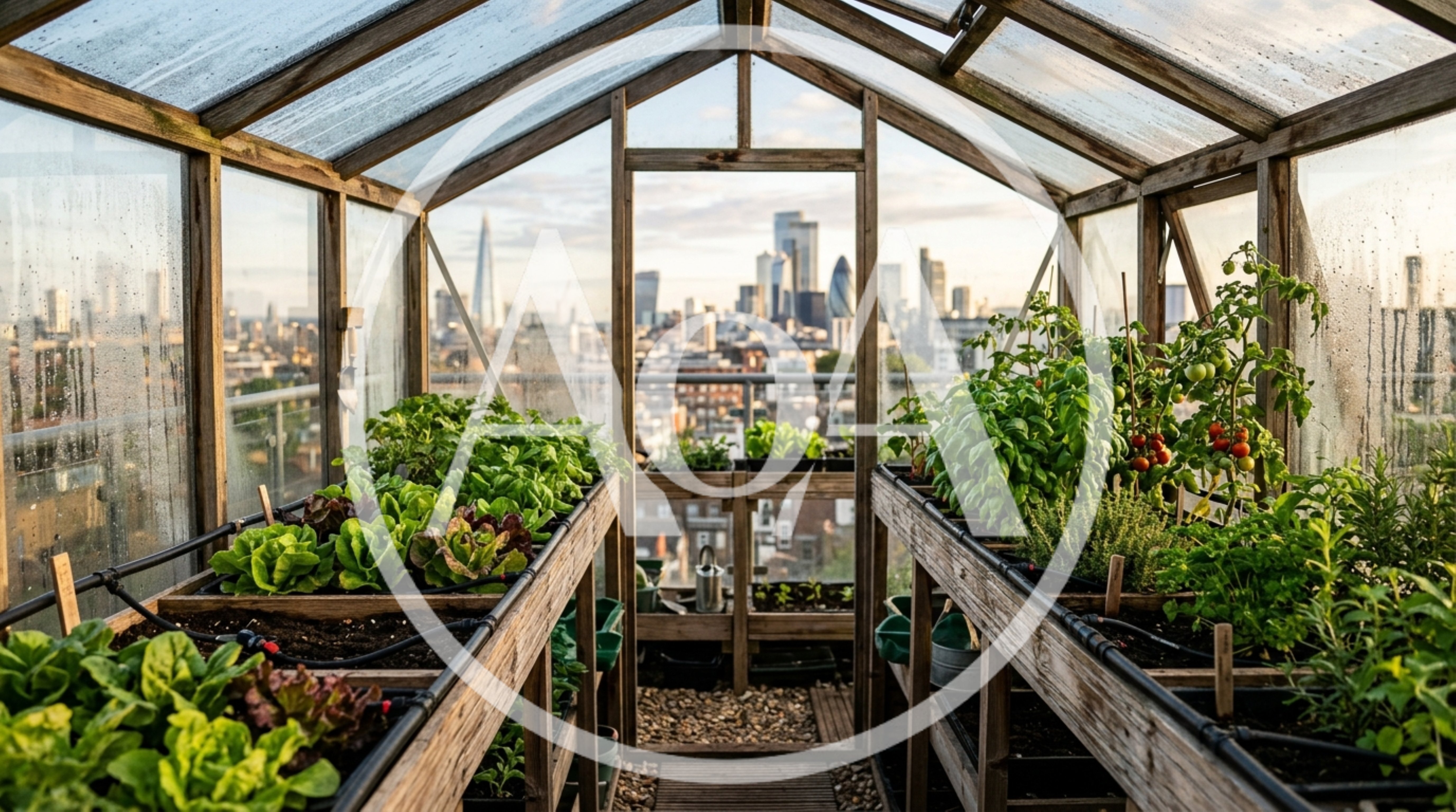 Urban Rooftop Greenhouse With City Skyline View