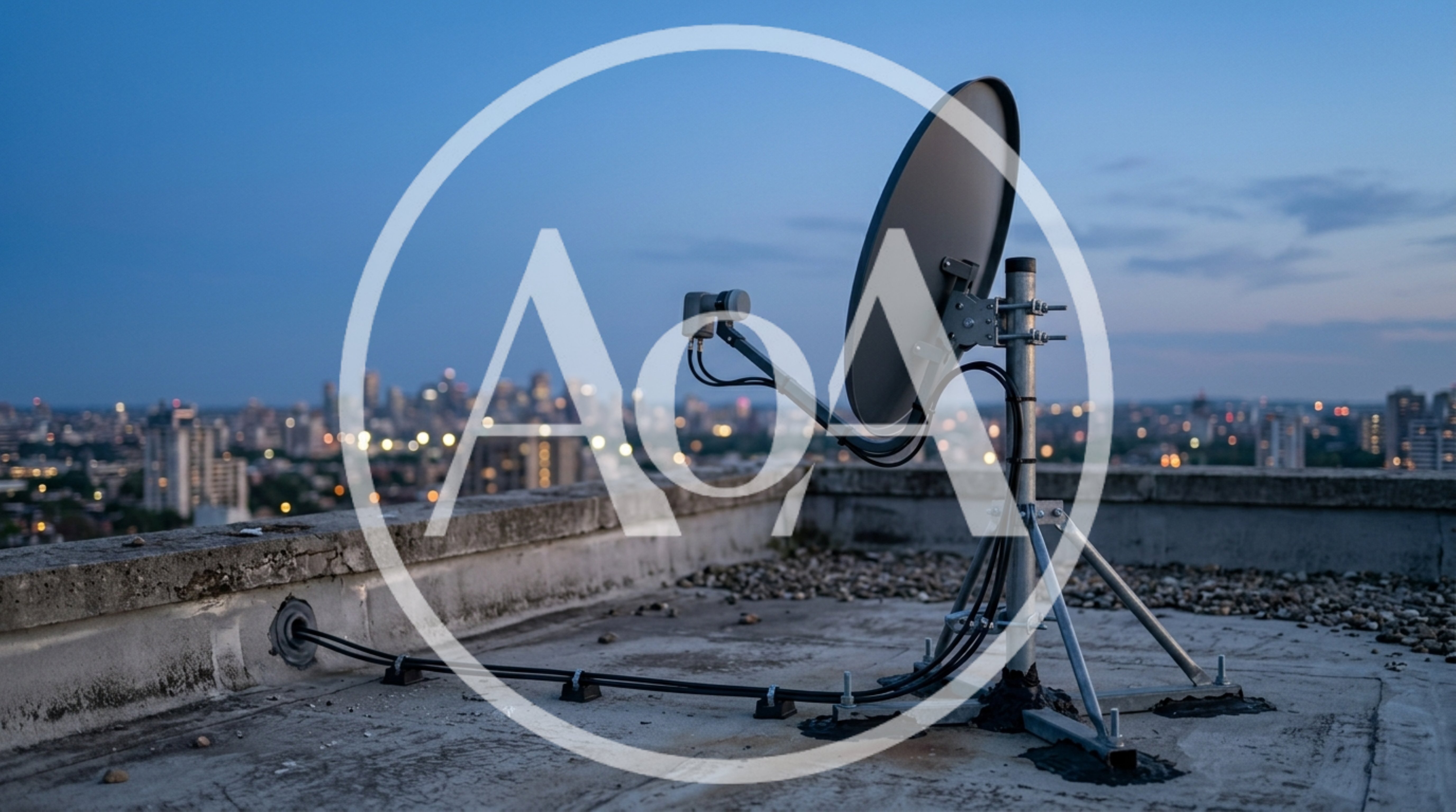 Satellite Dish Installed on Urban Rooftop at Twilight