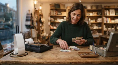 Shopkeeper Counting Euro Banknotes At A Wooden Counter