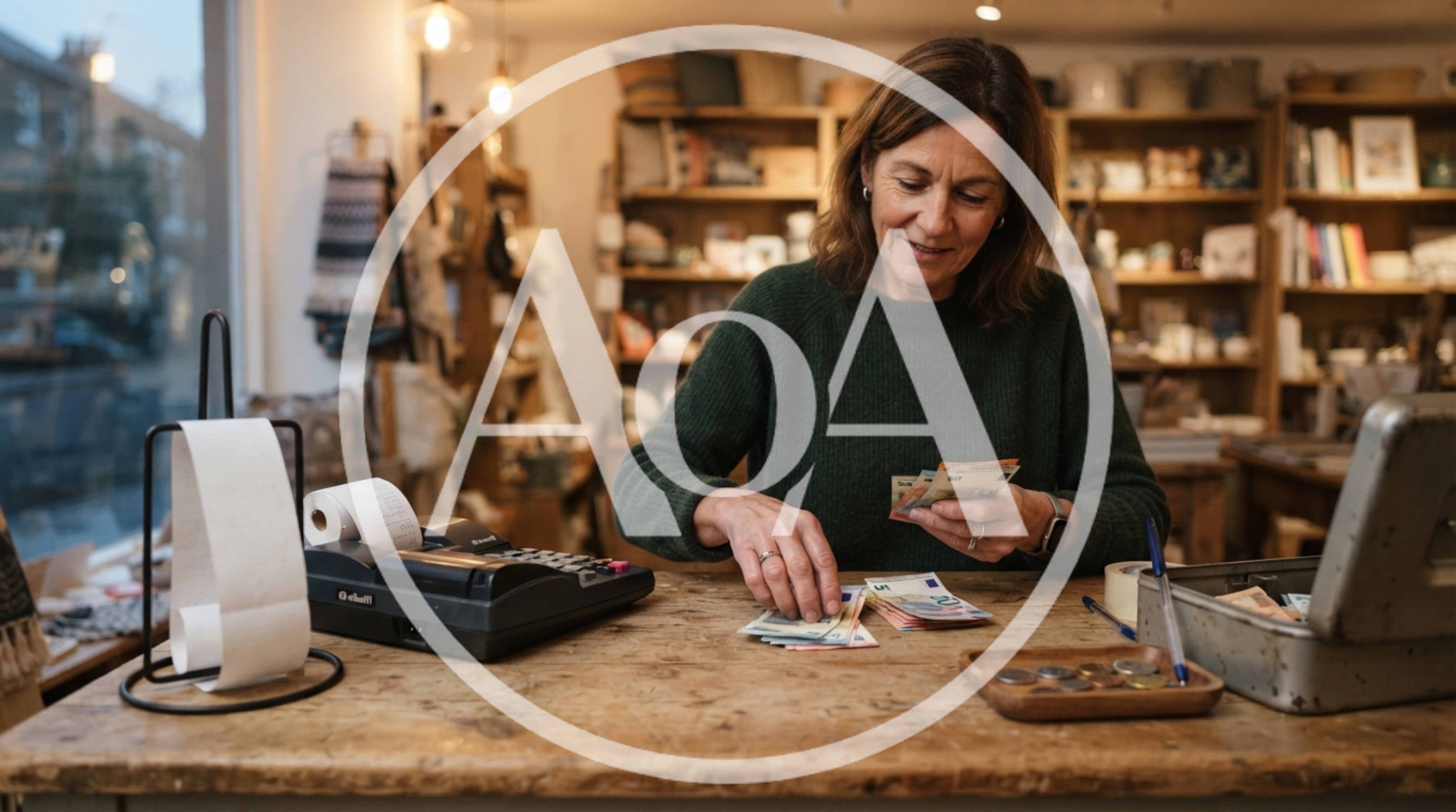 Shopkeeper Counting Euro Banknotes At A Wooden Counter