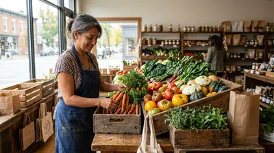 Female Shopkeeper Organizing Fresh Carrots In Organic Grocery Store