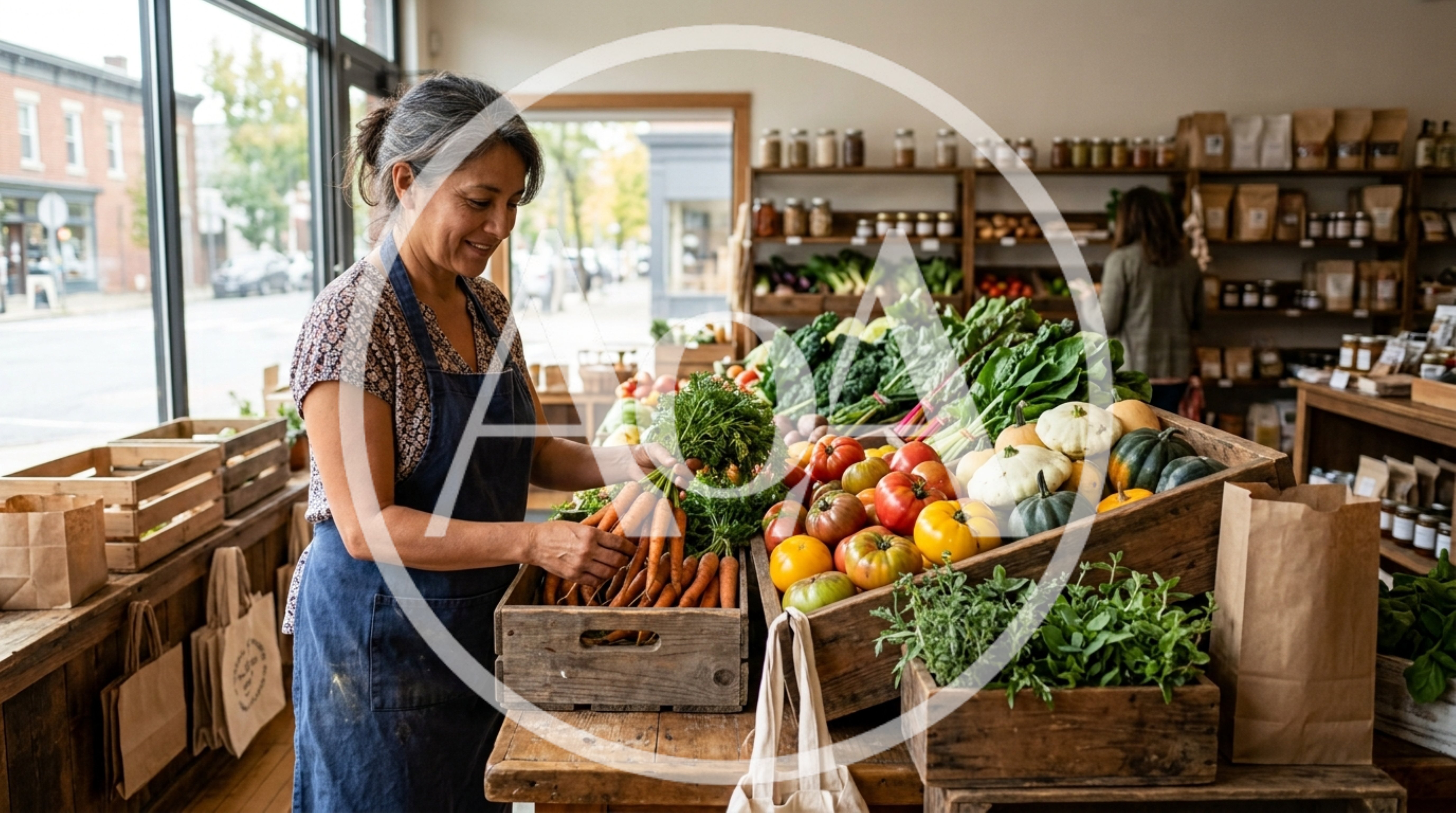 Female Shopkeeper Organizing Fresh Carrots In Organic Grocery Store