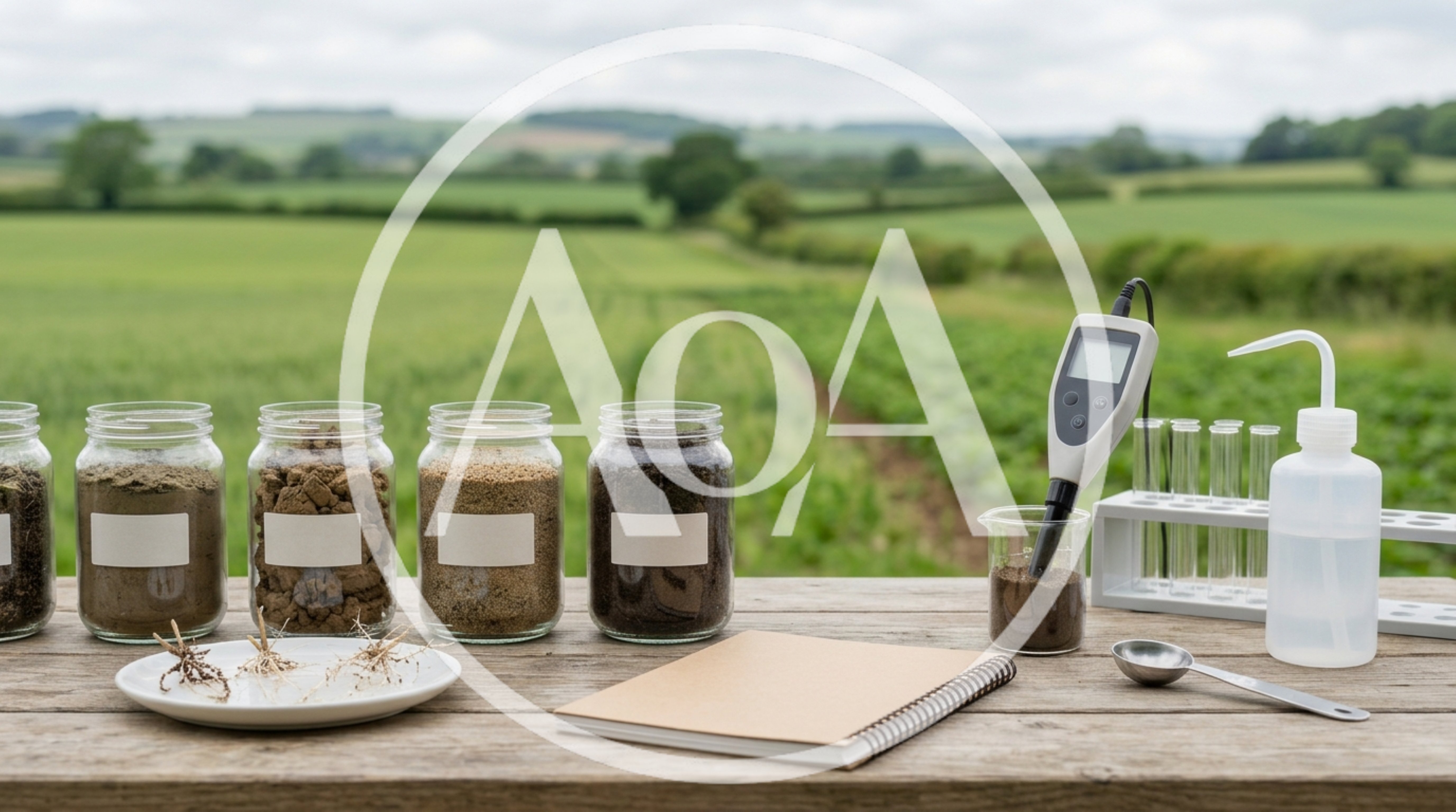 Soil Testing Equipment and Samples on Farm Table