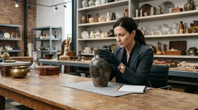 Professional Appraiser Examining Antique Pottery In Gallery