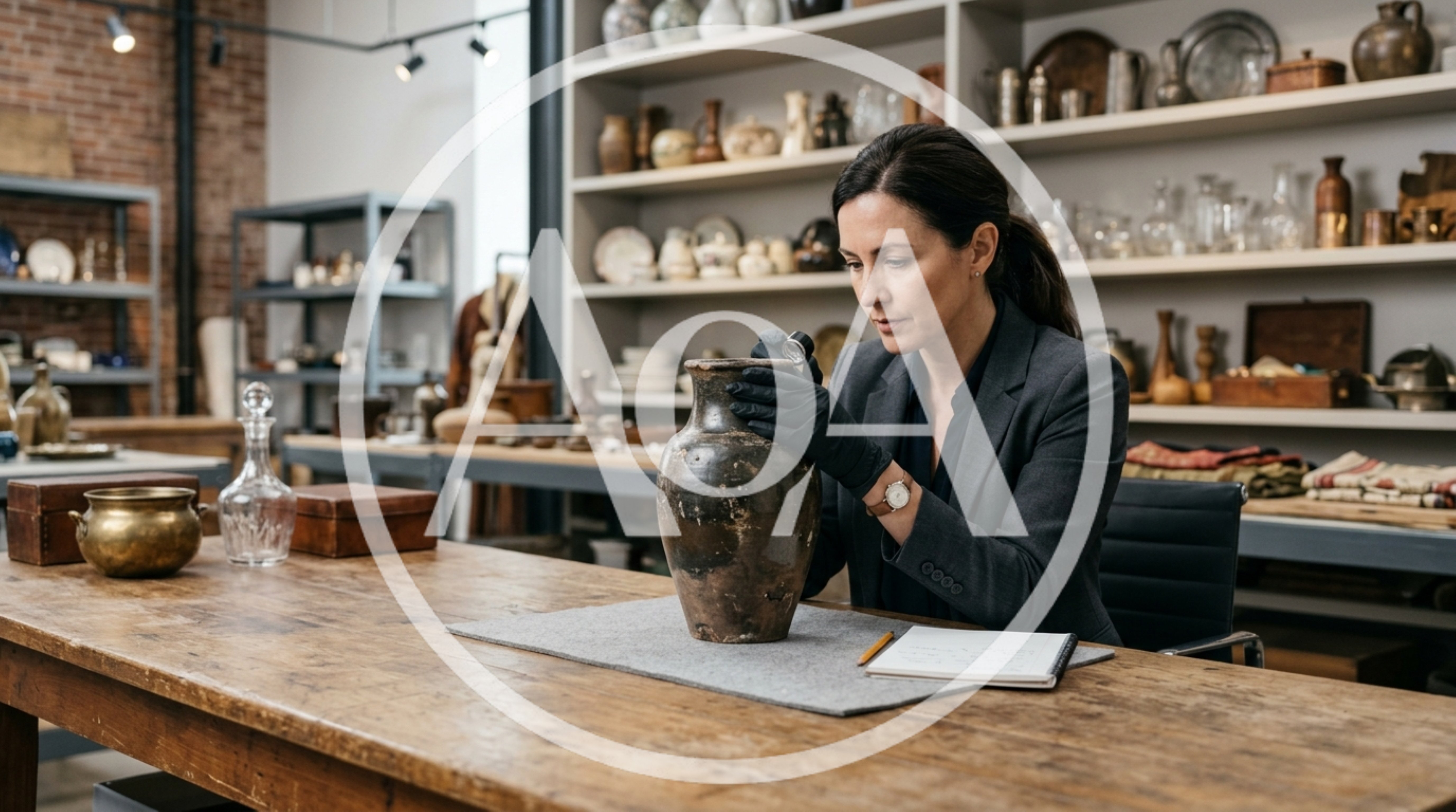 Professional Appraiser Examining Antique Pottery In Gallery