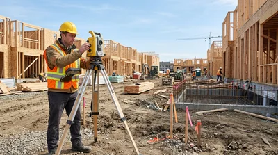 Construction Surveyor Using Total Station on Building Site