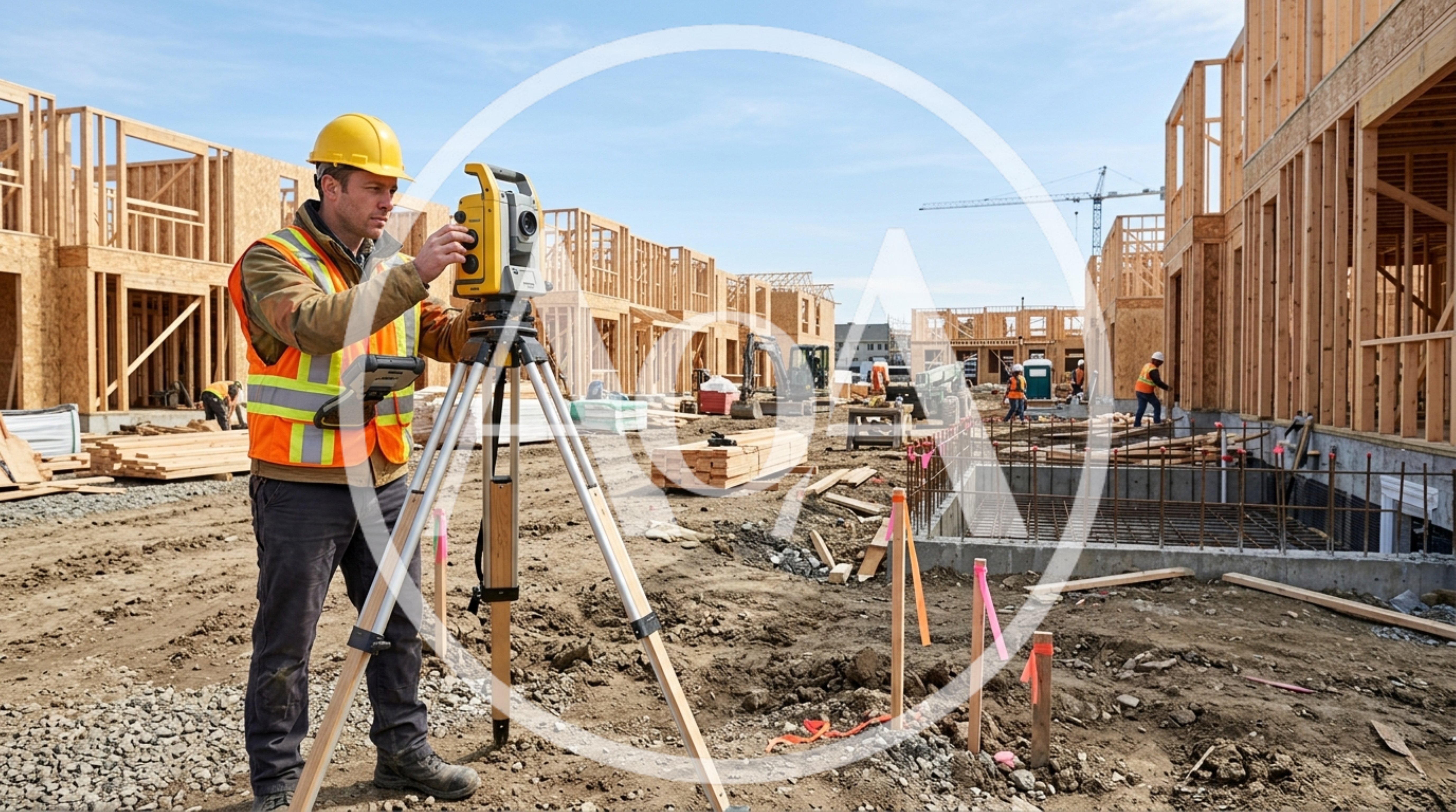 Construction Surveyor Using Total Station on Building Site