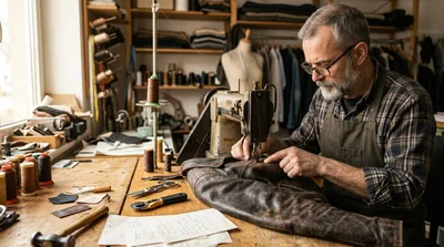 Professional Tailor Sewing Leather Jacket In Workshop