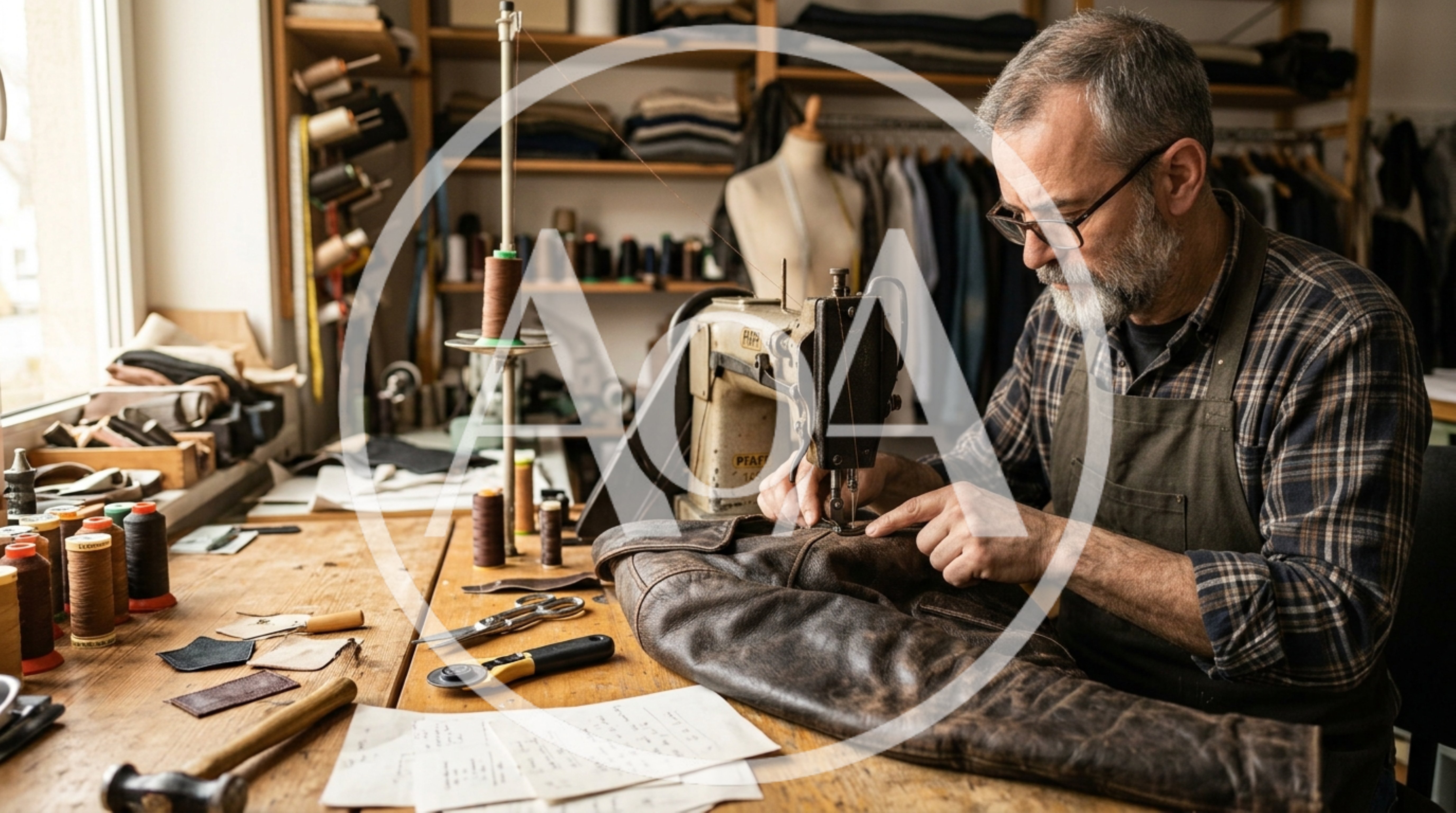 Professional Tailor Sewing Leather Jacket In Workshop