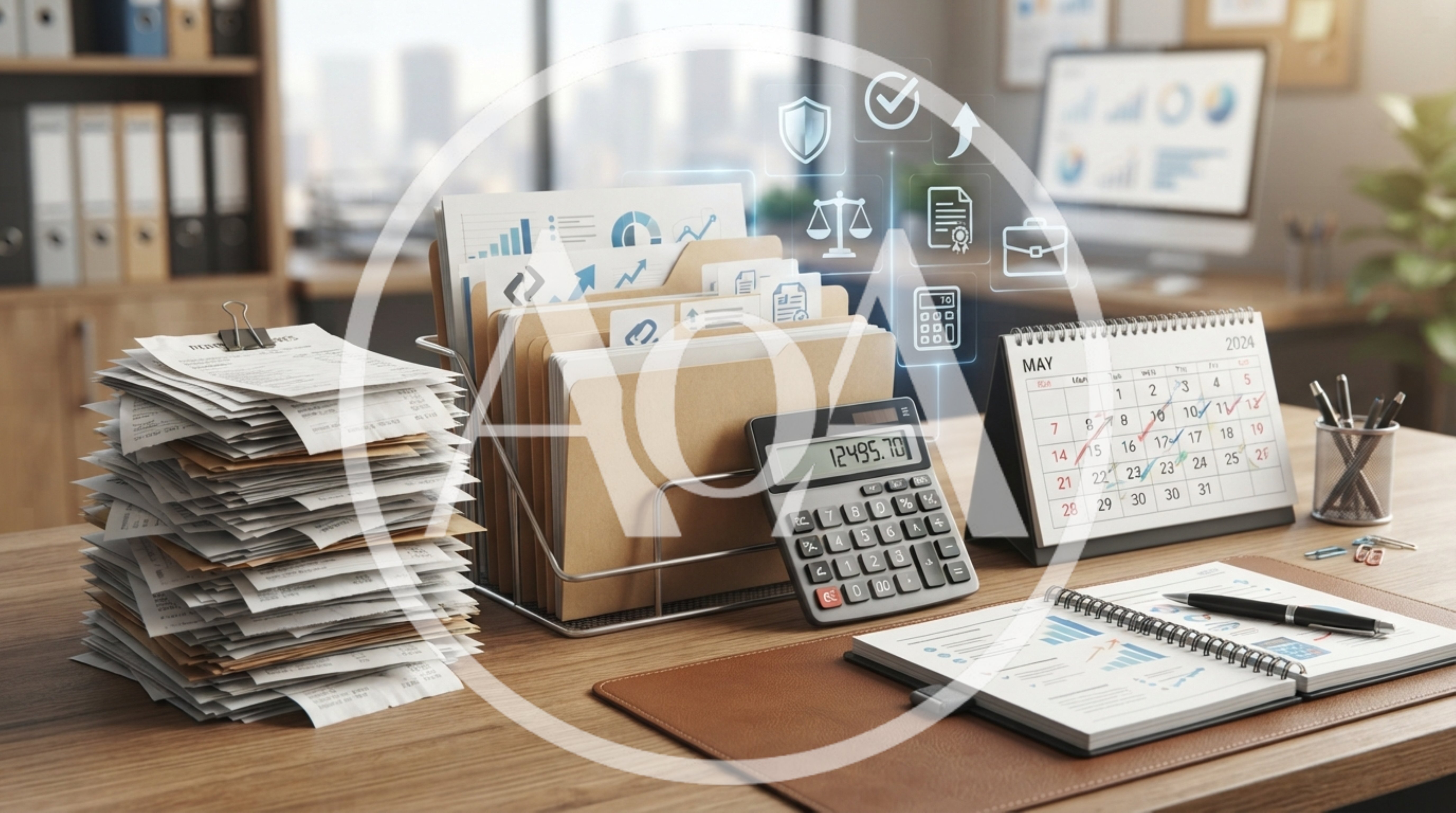 Office Desk With Financial Documents And Calculator