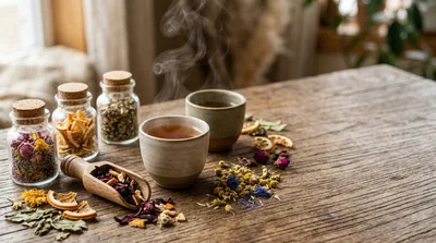 Steaming Herbal Tea Cups With Dried Ingredients