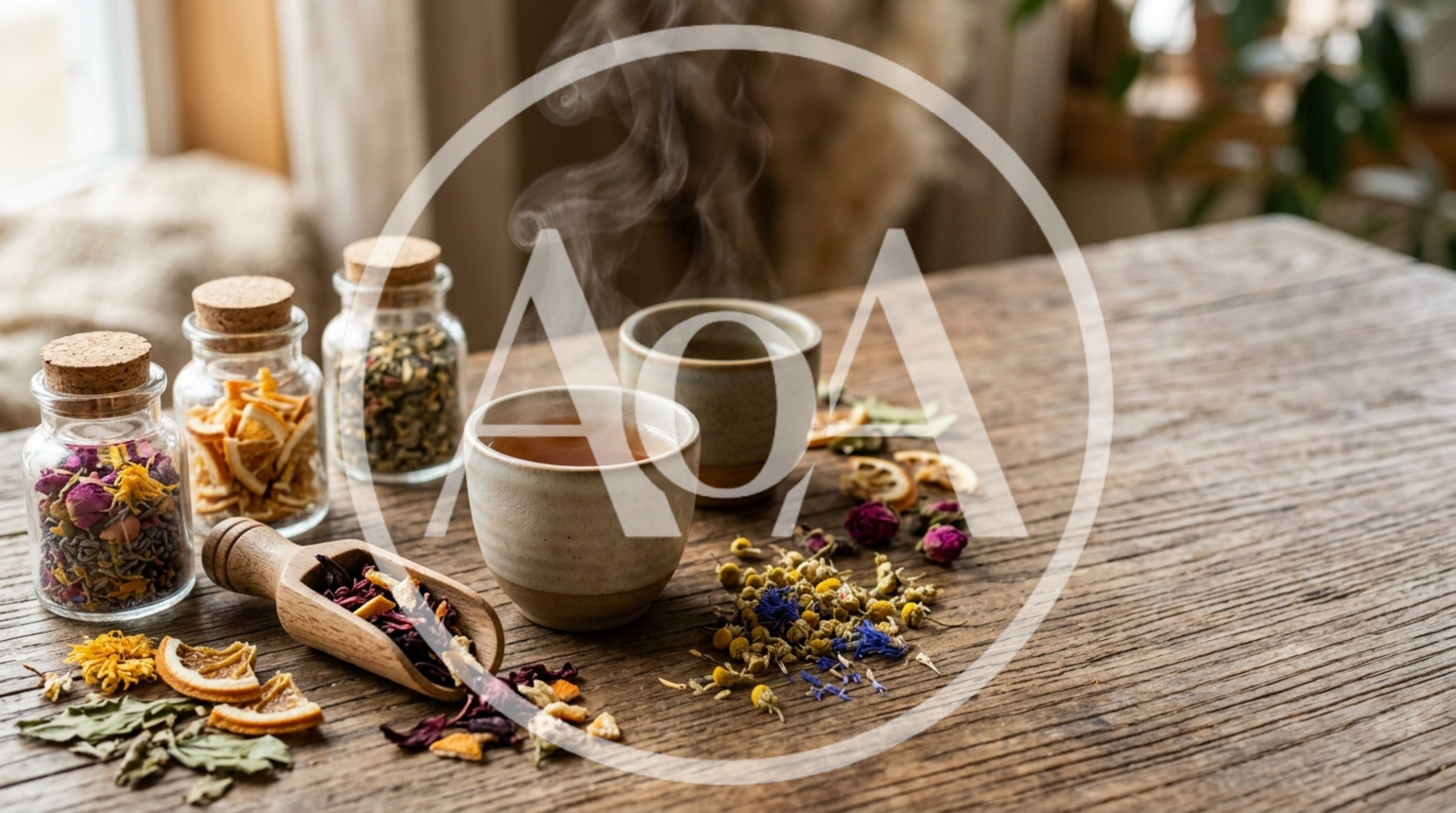 Steaming Herbal Tea Cups With Dried Ingredients