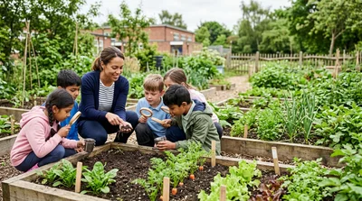Teacher and Students Examining Soil in School Garden