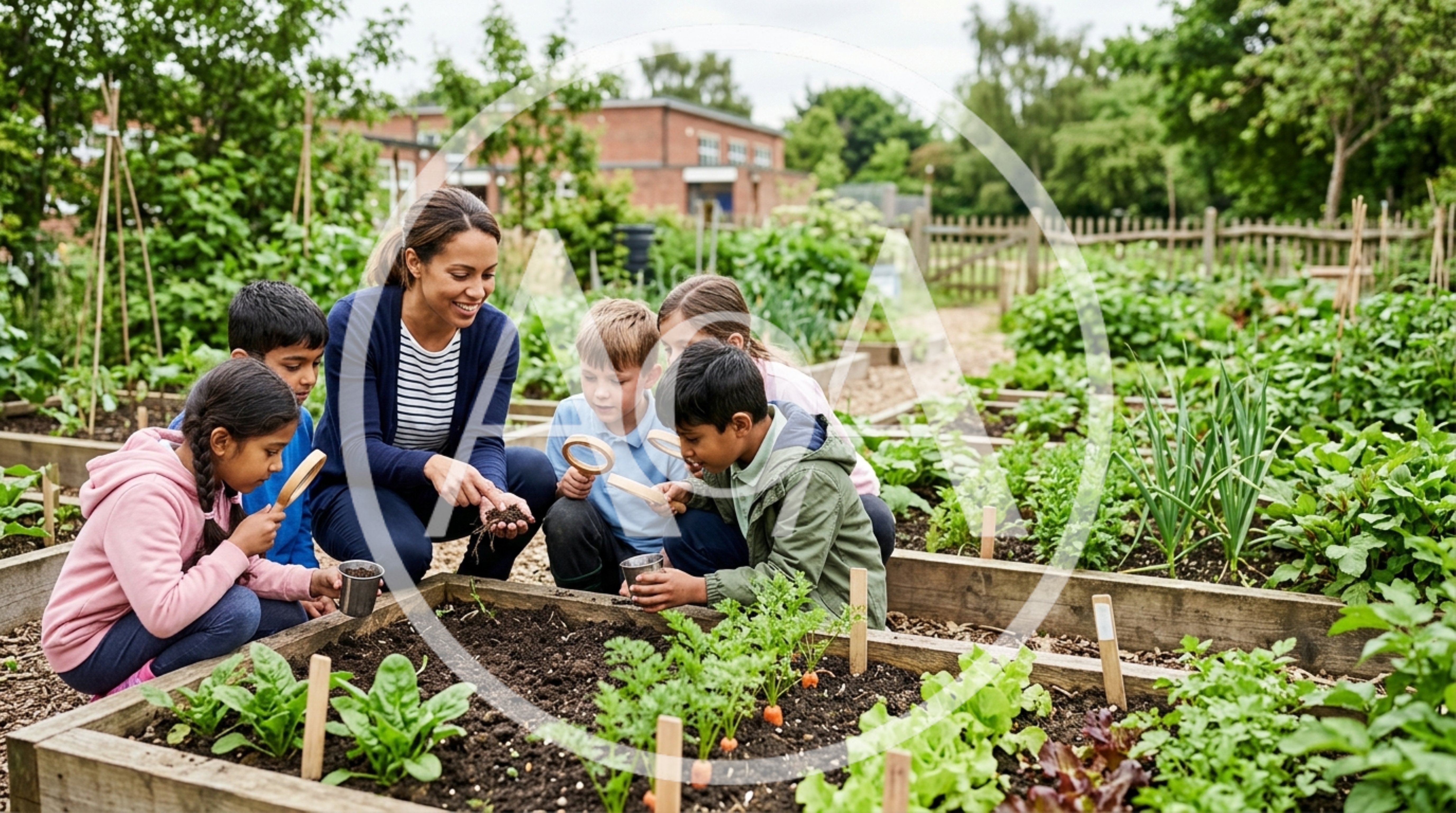 Teacher and Students Examining Soil in School Garden