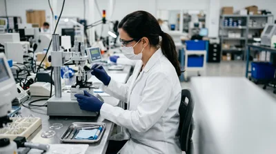 Female Scientist Inspecting Optical Lens in Laboratory