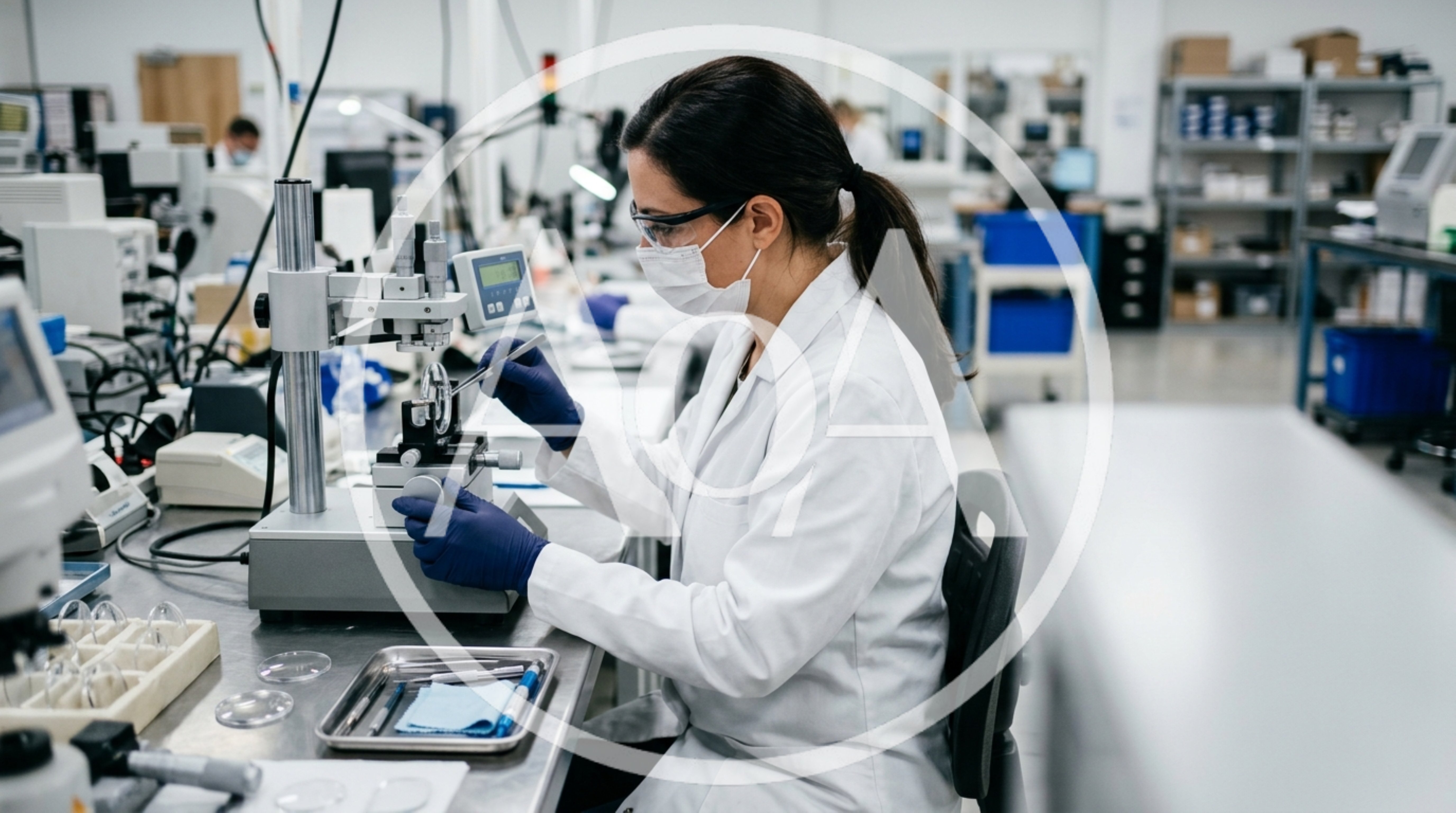 Female Scientist Inspecting Optical Lens in Laboratory