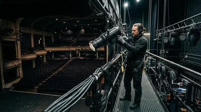Theater Technician Adjusting Stage Lighting Equipment