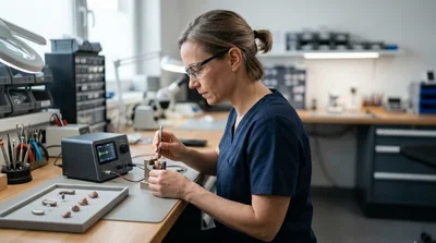 Audiologist Repairing A Hearing Aid In A Laboratory