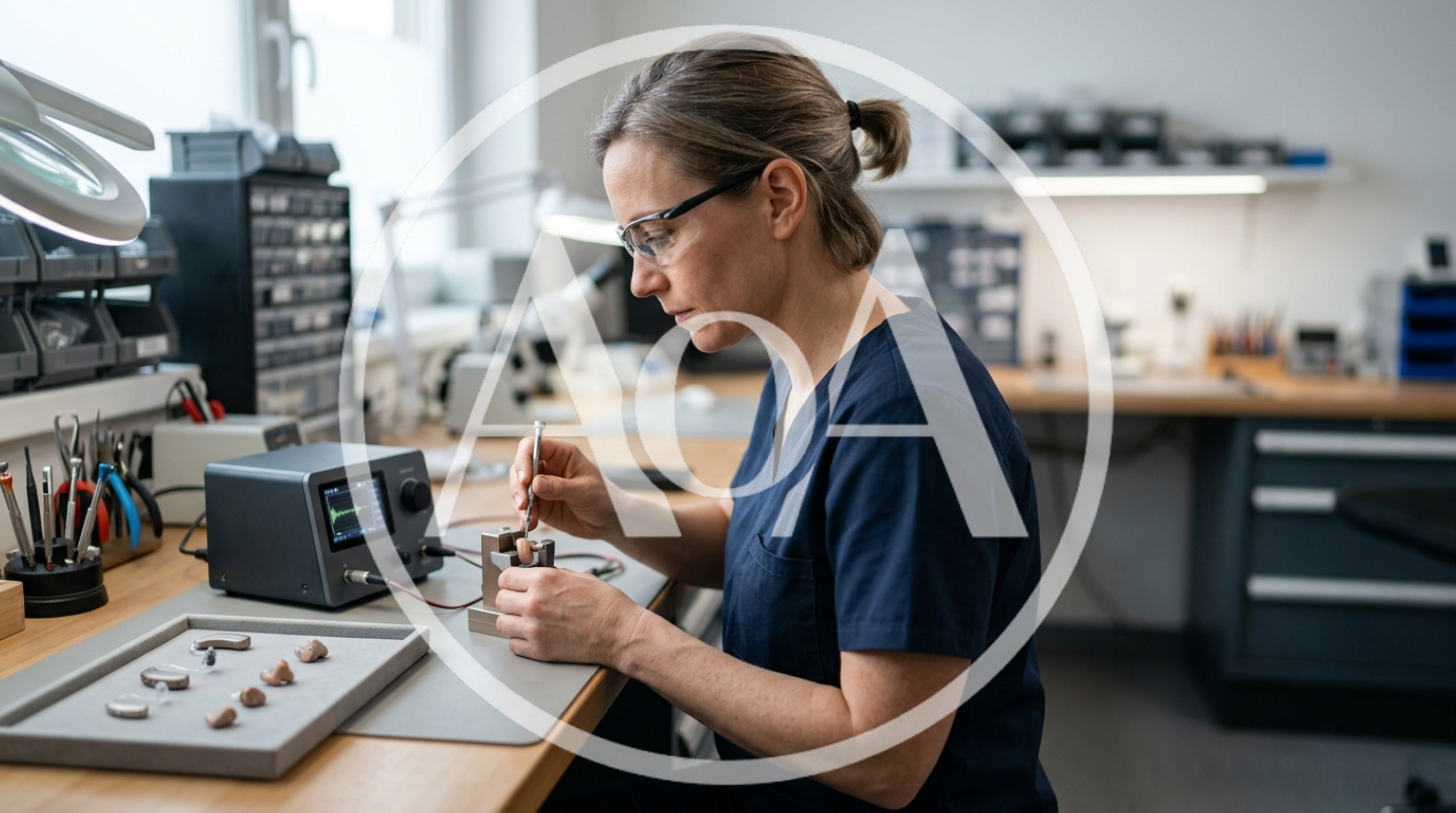 Audiologist Repairing A Hearing Aid In A Laboratory