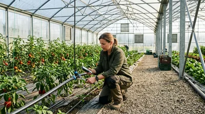 Female Farmer Inspecting Irrigation System In Greenhouse