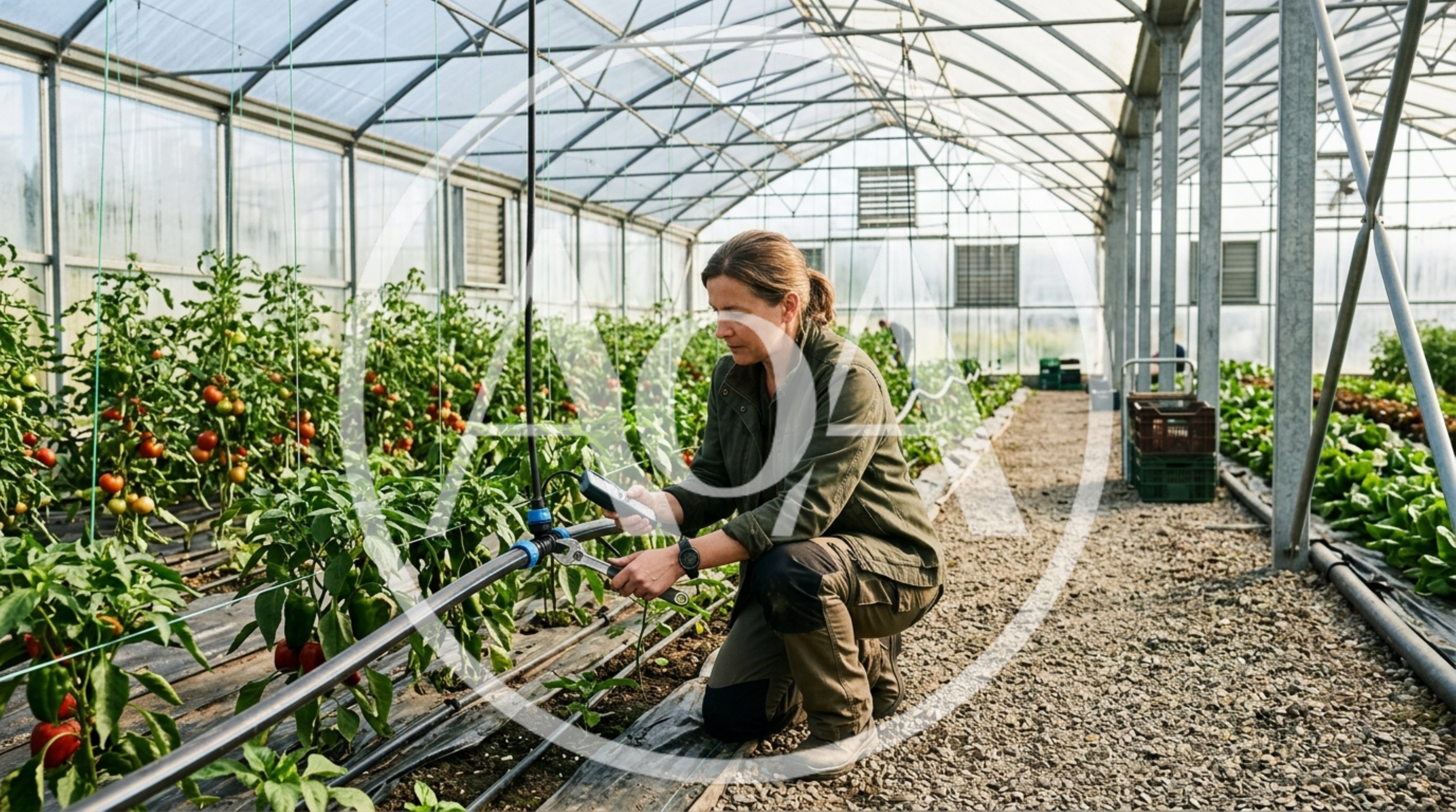 Female Farmer Inspecting Irrigation System In Greenhouse