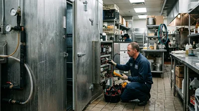 Technician Repairing Commercial Kitchen Refrigeration Control Panel