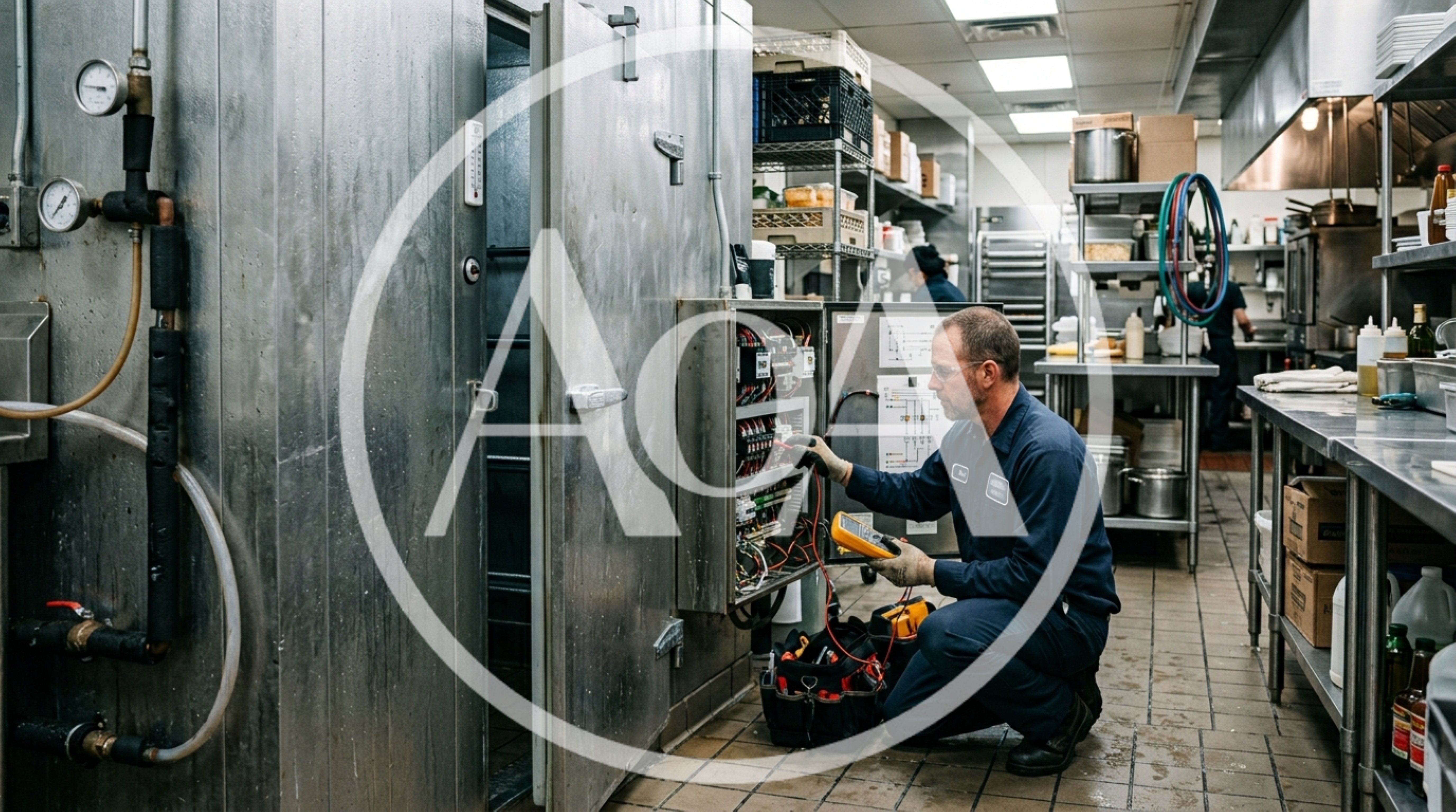 Technician Repairing Commercial Kitchen Refrigeration Control Panel