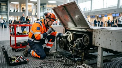 Airport Technician Repairing Baggage Conveyor Belt System