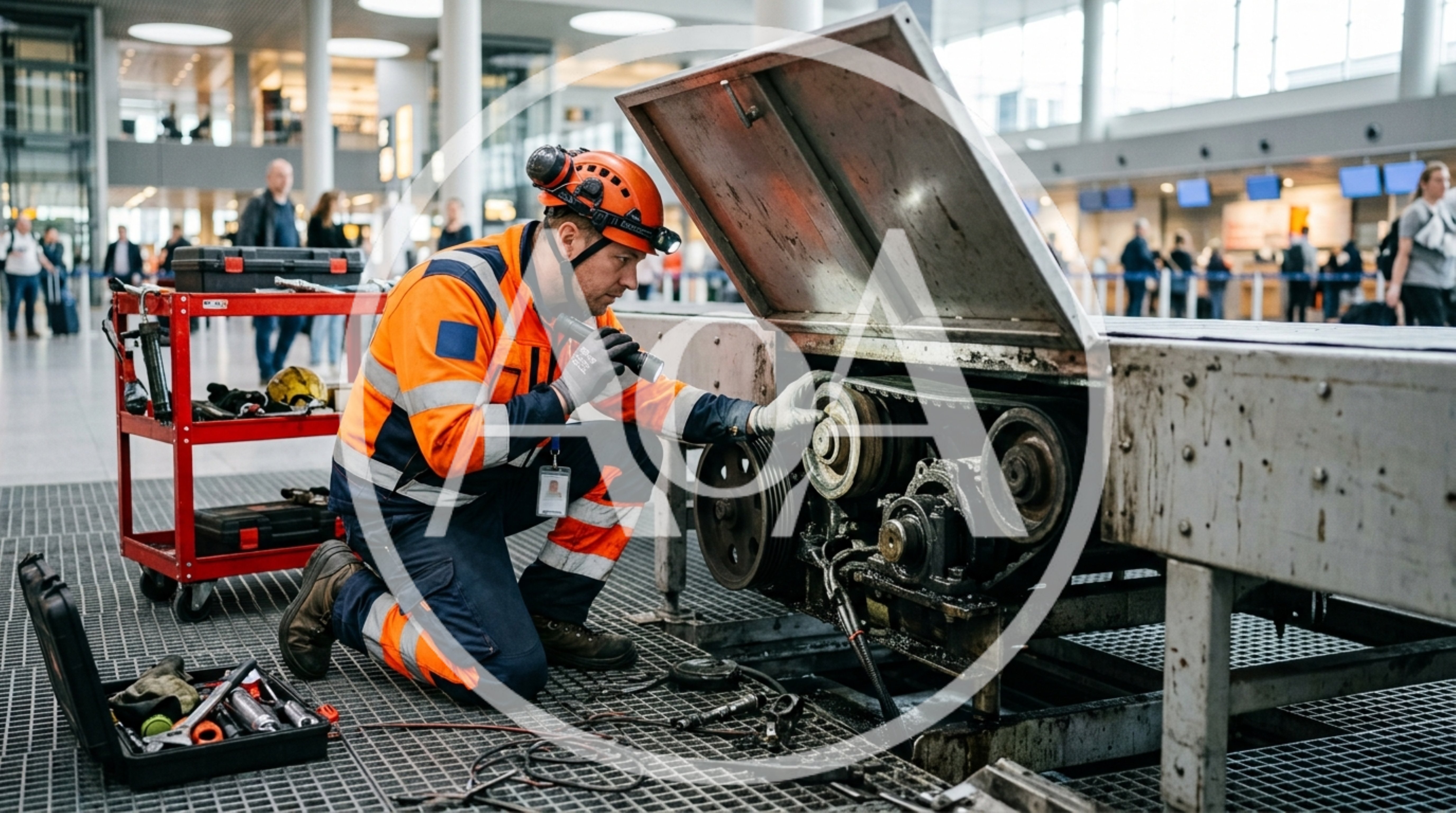 Airport Technician Repairing Baggage Conveyor Belt System