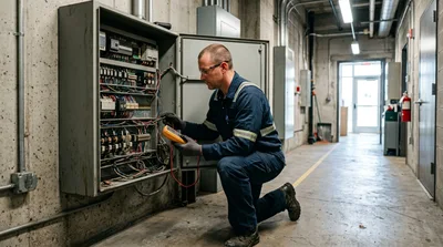 Electrician Testing Industrial Control Panel With Multimeter